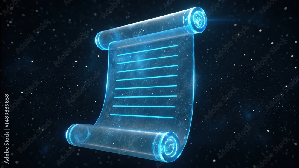 Poster a blue illuminated scroll with a holographic design hovering in a futuristic and ethereal space