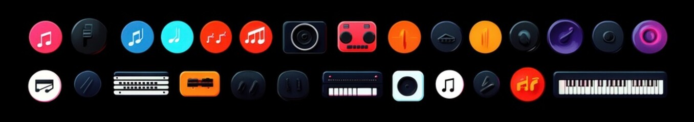 Array of colorful circular and rectangular music and audio related icons on a black background, featuring musical notes, instruments, and audio equipment symbols