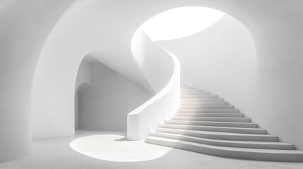Obraz premium Modern, minimalist white spiral staircase in a spacious, light-filled interior