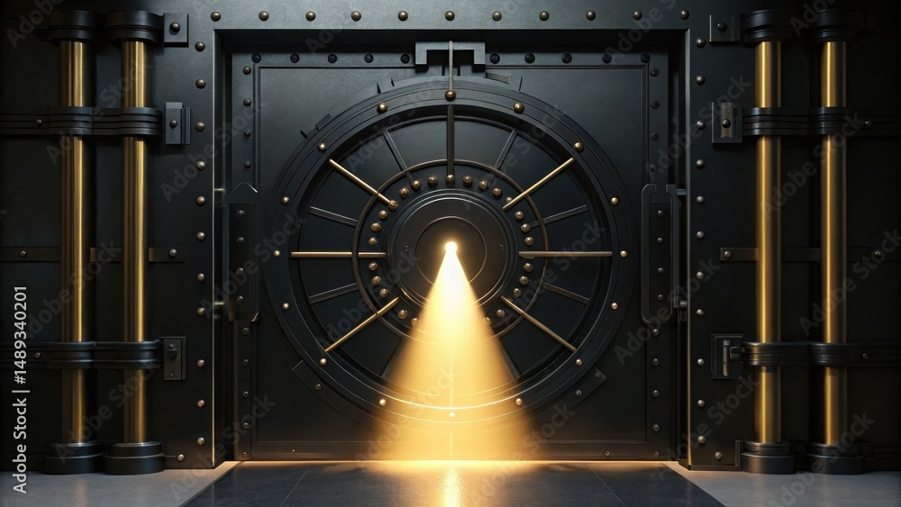 Aufkleber a black door of a digital vault with illuminating light emanating from within for security measures