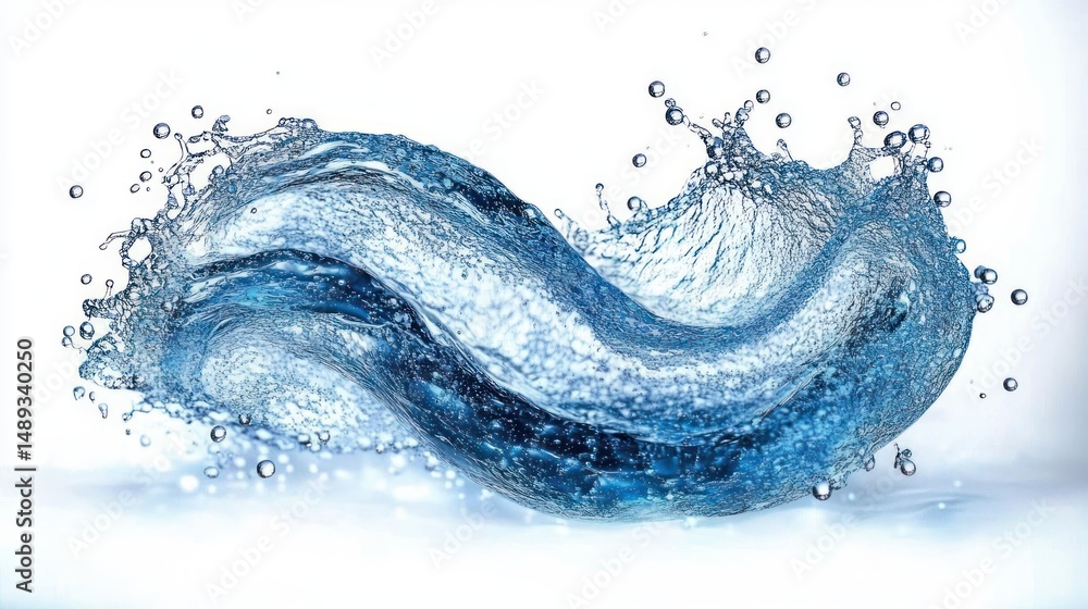 Poster dynamic splash of clear blue water frozen in motion against a white background creating a fluid wave