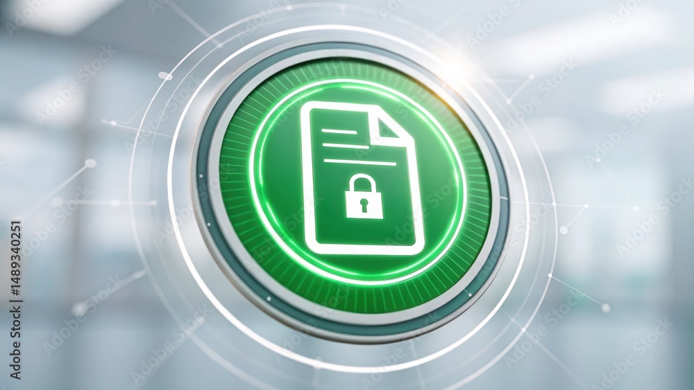 Poster a green padlock button rotating in a digital environment representing data security and encryption