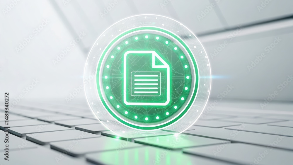Poster a green icon displayed on a laptop signifying secure access and data protection in a digital realm