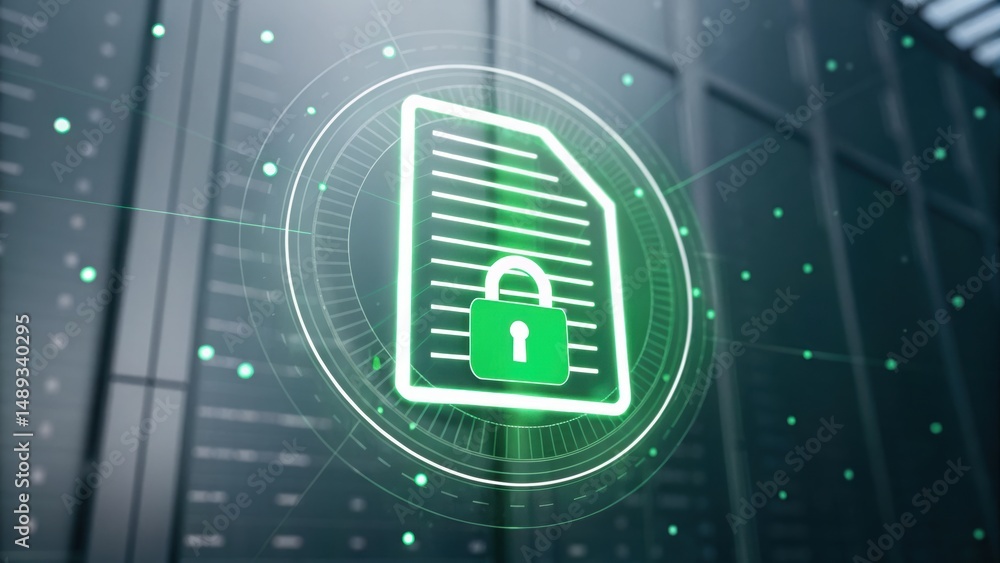 Poster a padlock positioned on a server symbolizing robust data protection and security measures in technol