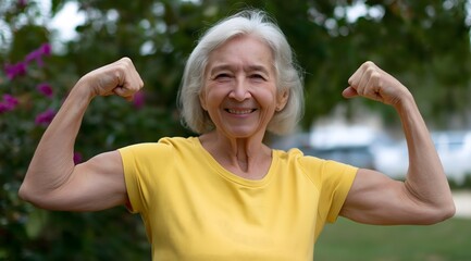 Empowered Senior Woman Flexing Biceps with Confident Smile in Sunlit Park – Active Aging, Fitness Motivation & Healthy Lifestyle Concept.