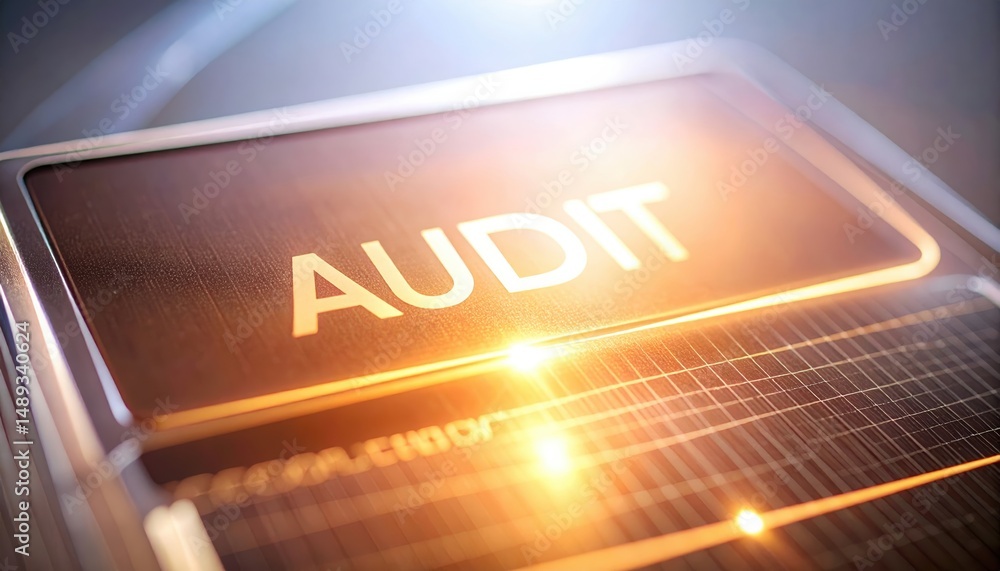 Poster computer keyboard featuring the word audit on a glowing panel above a dark interface surface