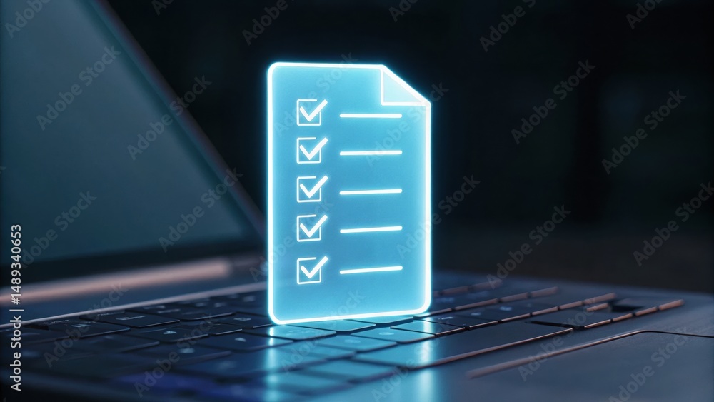 Poster laptop displaying a glowing file above a digital interface surface representing smart contracts