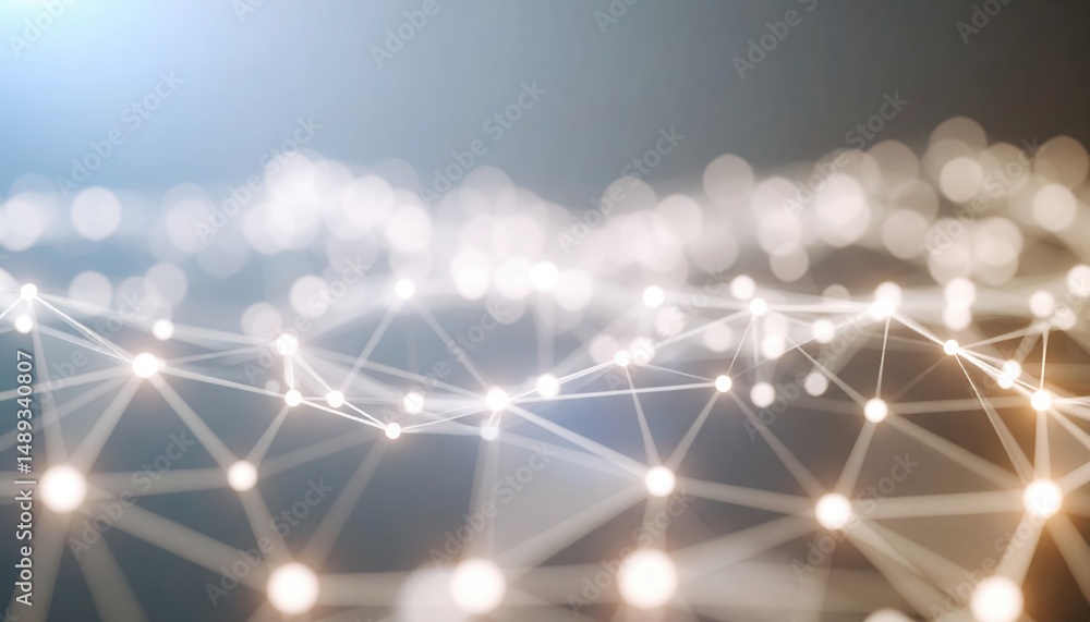 Poster a network of white dots with light pulses moving across a neural net style ai visual for compliance