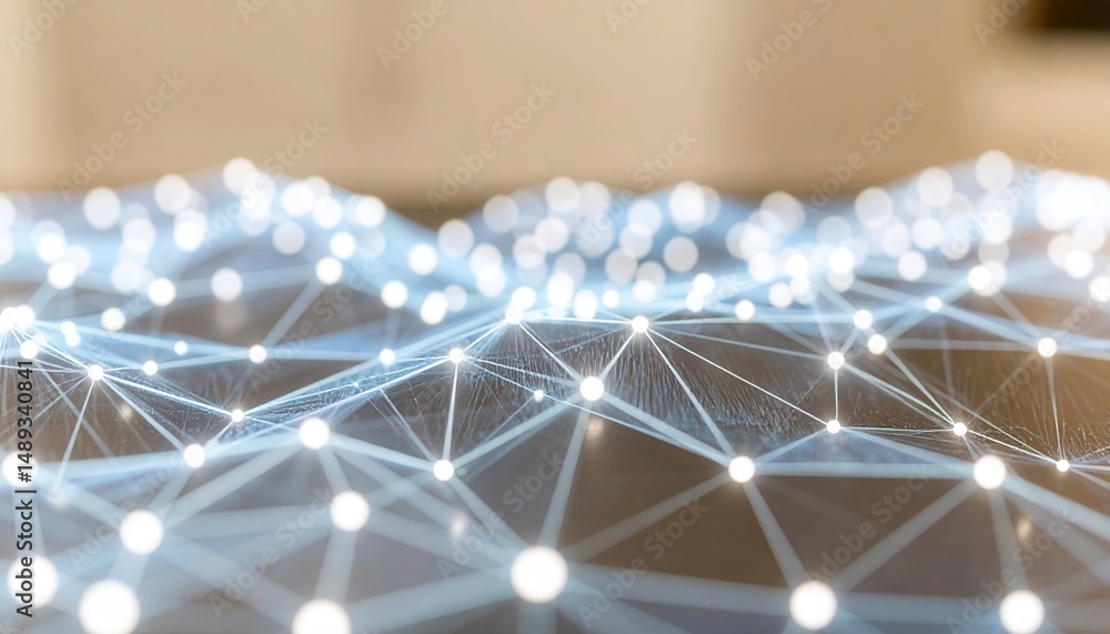Poster a network of white dots illuminated by light pulses moving in a neural net style ai visual for compl