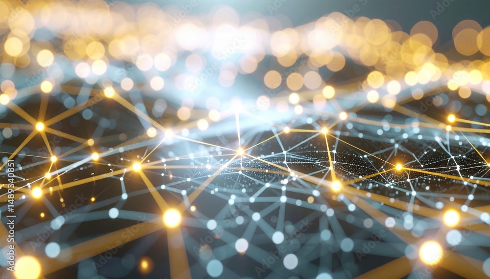 Poster a network of connected lines with light pulses in a neural net style ai visual for compliance audits