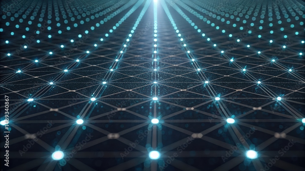 Poster a circuit board with light emitting from it representing a neural net style ai visual conducting com