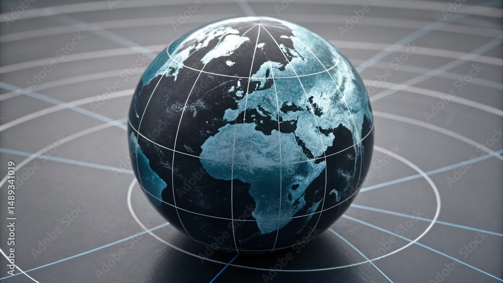Poster rotating globe with network of lines illustrating cybersecurity audit nodes for global connection
