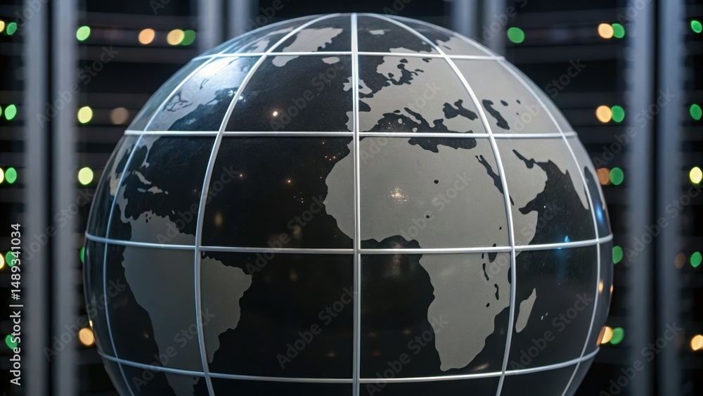 Poster rotating globe surrounded by grid depicting cybersecurity audit nodes for global network analysis