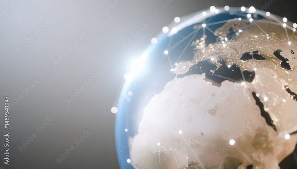 Poster earth rotating with cybersecurity network nodes highlighted in real-time global connectivity