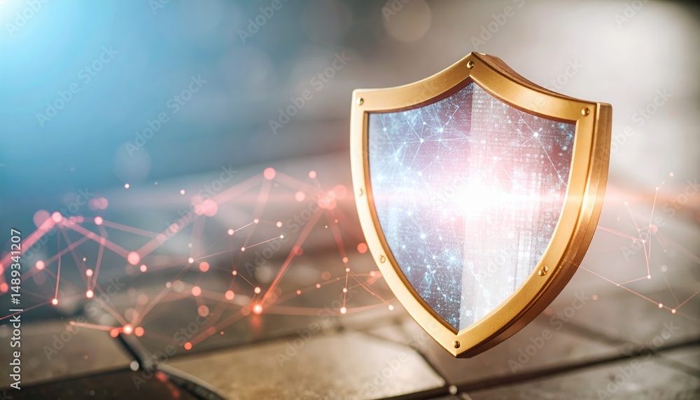 Poster a futuristic rotating shield with a network design glowing in gold and blue deflecting data spikes