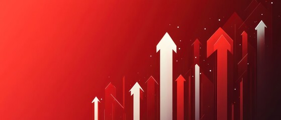 Abstract digital illustration featuring multiple upward pointing arrows of varying sizes in red and white hues on a gradient red background symbolizing growth and progress
