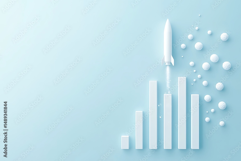 Poster ascending bar graph with rocket launch and textured spheres on light blue background