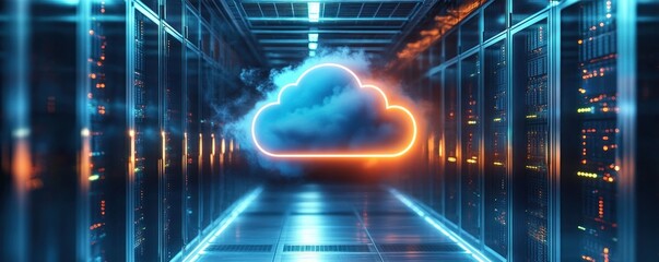 Glowing neon-cloud icon floating inside futuristic server room with rows of data racks illuminated by blue and orange lights, evoking advanced technology and cloud computing