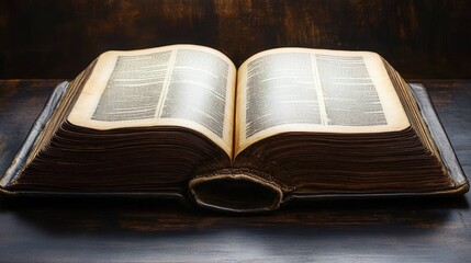 Fototapeta premium Open old book with yellowed pages resting on a wooden surface under warm lighting