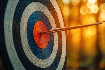 Close-up of an arrow perfectly hitting the bullseye on a multicolored archery target with warm golden sunlight in the background