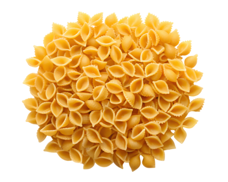 Overhead shot of a circular mound of small shell pasta on gray transparent background Generative AI