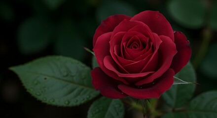 Fototapeta premium Stunning Red Rose with Green Leaves in Photorealistic Quality