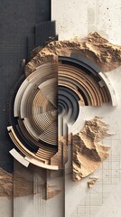 Obraz premium Abstract geometric composition featuring textured surfaces and layered circular patterns