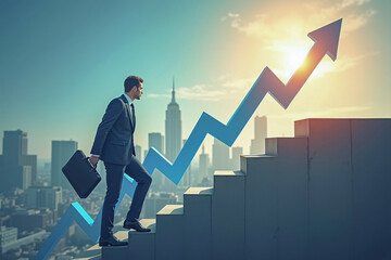 Businessman walk on stair ladder with growth arrow up gain improvement to success direction of job, work, industry concept with city building skyscraper landscape and flare sky background