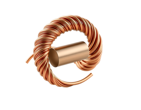 Close-up of a copper inductor with a toroidal coil on a transparent background
