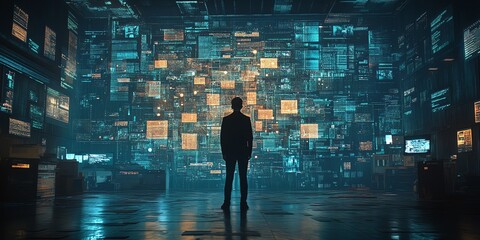 Silhouetted Figure Contemplating a Futuristic Data Wall