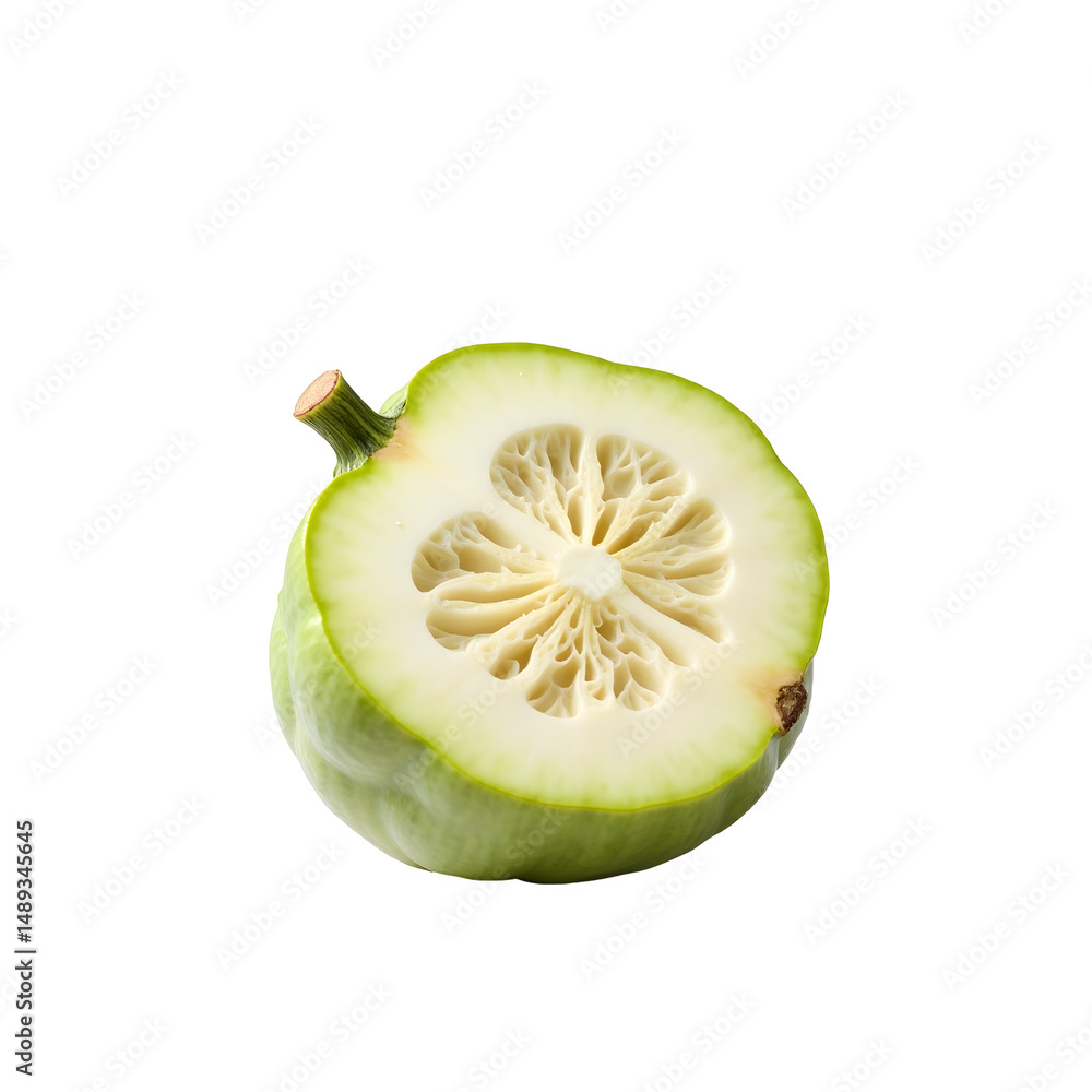 Poster highly detailed and realistic depiction of a sliced chayote squash revealing its unique inner textur