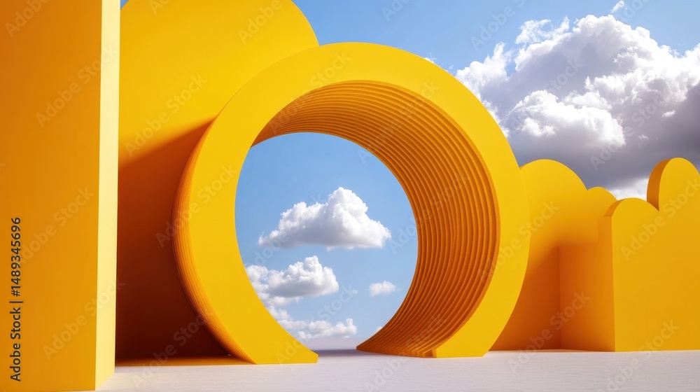 Poster circular yellow tunnel with white fluffy clouds drifting in abstract minimal background