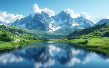 Majestic mountain range reflected in a serene lake.