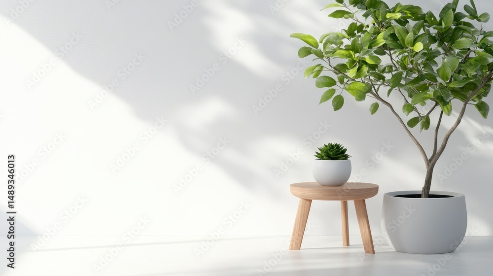Poster clean architectural white background with subtle 3d shapes and product stand mockup