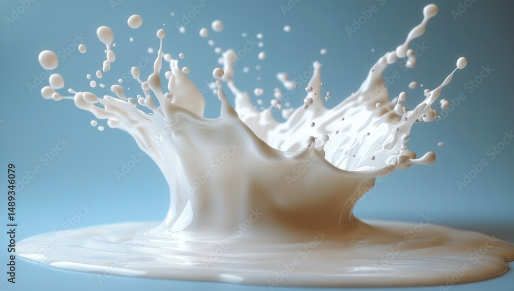 Aufkleber close-up of white liquid splashing in dynamic droplets with smooth curved shapes against a soft blue