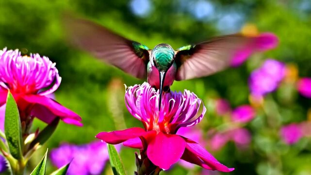 Hummingbird approaching bright pink flower with blurred background, drinking nectar with wings spread, nature in vivid colors and floral beauty