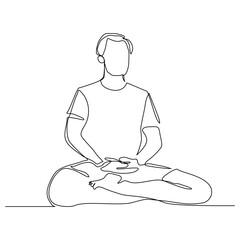 Continuous line drawing of sport man engaged in yoga pose. Relaxing people editable stroke sketch vector illustration