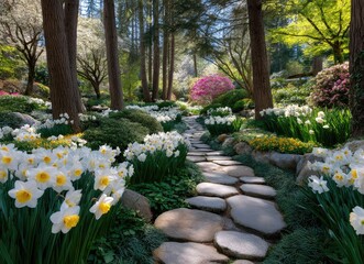 a stone path leading through the garden, lined with daffodils in full bloom, their delicate petals shimmering under the sunlight