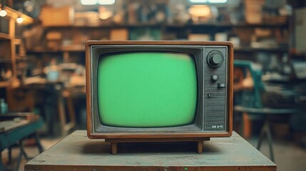 Vintage wooden-framed television with a green blank screen placed on a rustic table in a warmly lit workshop or garage filled with tools and equipment