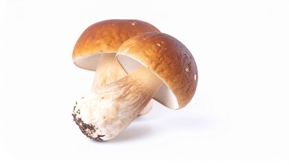 Fototapeta premium Two Fresh Porcini Mushrooms Isolated on White Background Perfect for Culinary and Gourmet Food Images