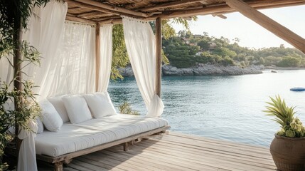 Fototapeta premium Outdoor wooden daybed with white curtains overlooking water