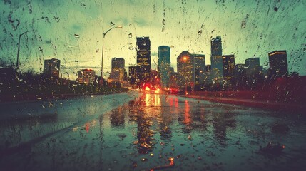 Rainy cityscape night view through wet glass urban skyline city lights reflection