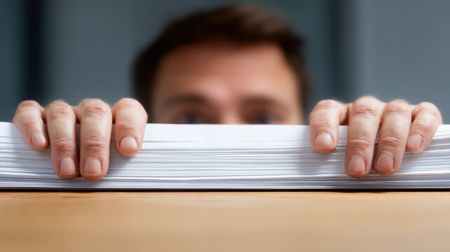 Person peeking over large stack of papers or documents with nervous hands, possibly hiding