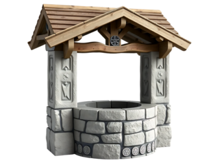 A charming stone wishing well with a wooden roof