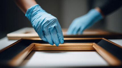 Person handling wooden picture frame with blue gloves, preparing for art or artifact