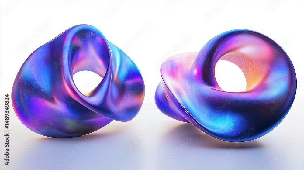 Poster two iridescent smooth abstract shapes with twisting, looping forms in blue and purple hues on a whit