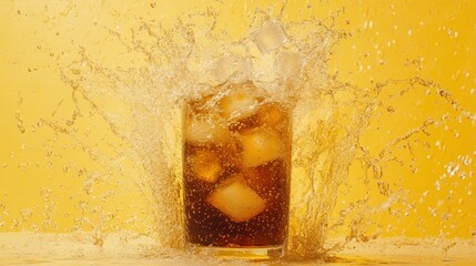 Refreshing cola drink with ice cubes splashing dynamically on yellow background