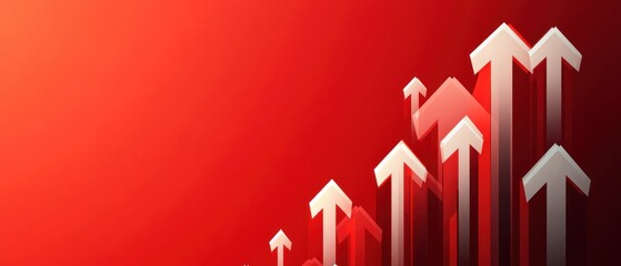 Multiple upward pointing arrows arranged in increasing height on a red gradient background symbolizing growth and progress