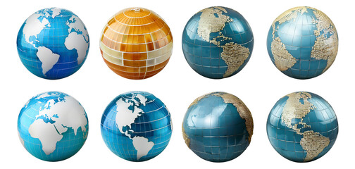 Various 3D Globe Designs Showcasing Different Planet Earth Views, Isolated on Transparent, white background