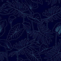 Hand drawn outline tropical leaves seamless pattern on dark navy blue background